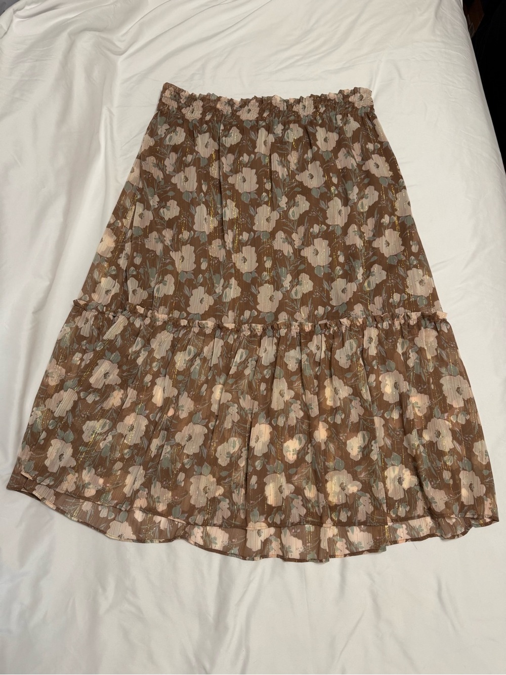 LC Lauren Conrad Brown Floral Tiered Midi Skirt with Cream Blooms